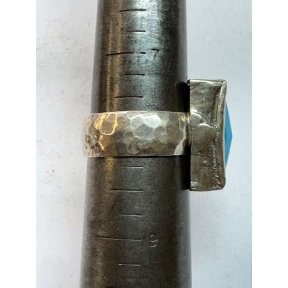 Estate Sterling Silver 925 Hammered Band Blue Rectangular Gemstone Ring Size 8 - Picture 7 of 8